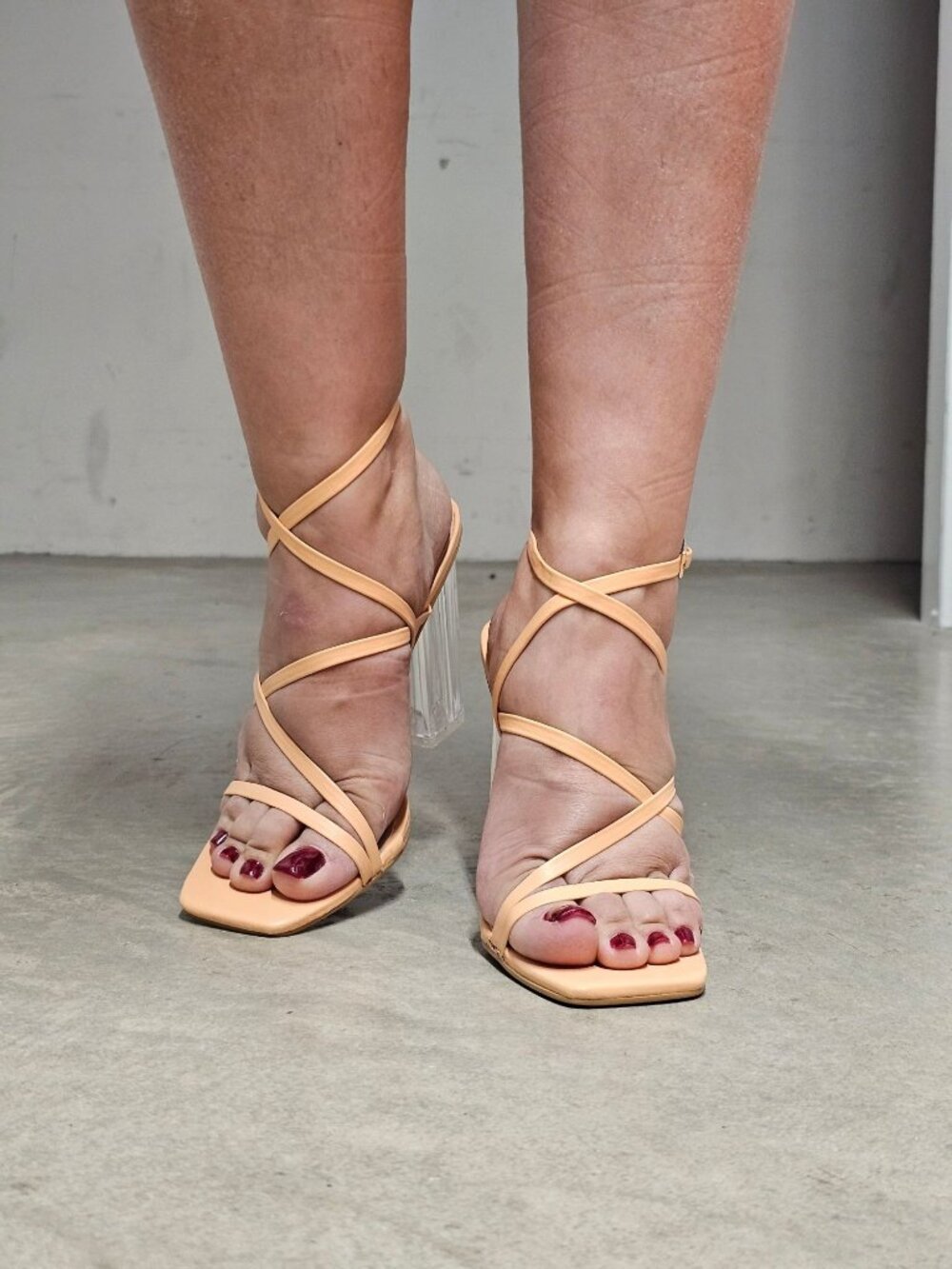 Peach Strappy Heeled Sandals With Clear Block Heel - Womens Trendy Open-Toe Desi - Picture 14 of 14